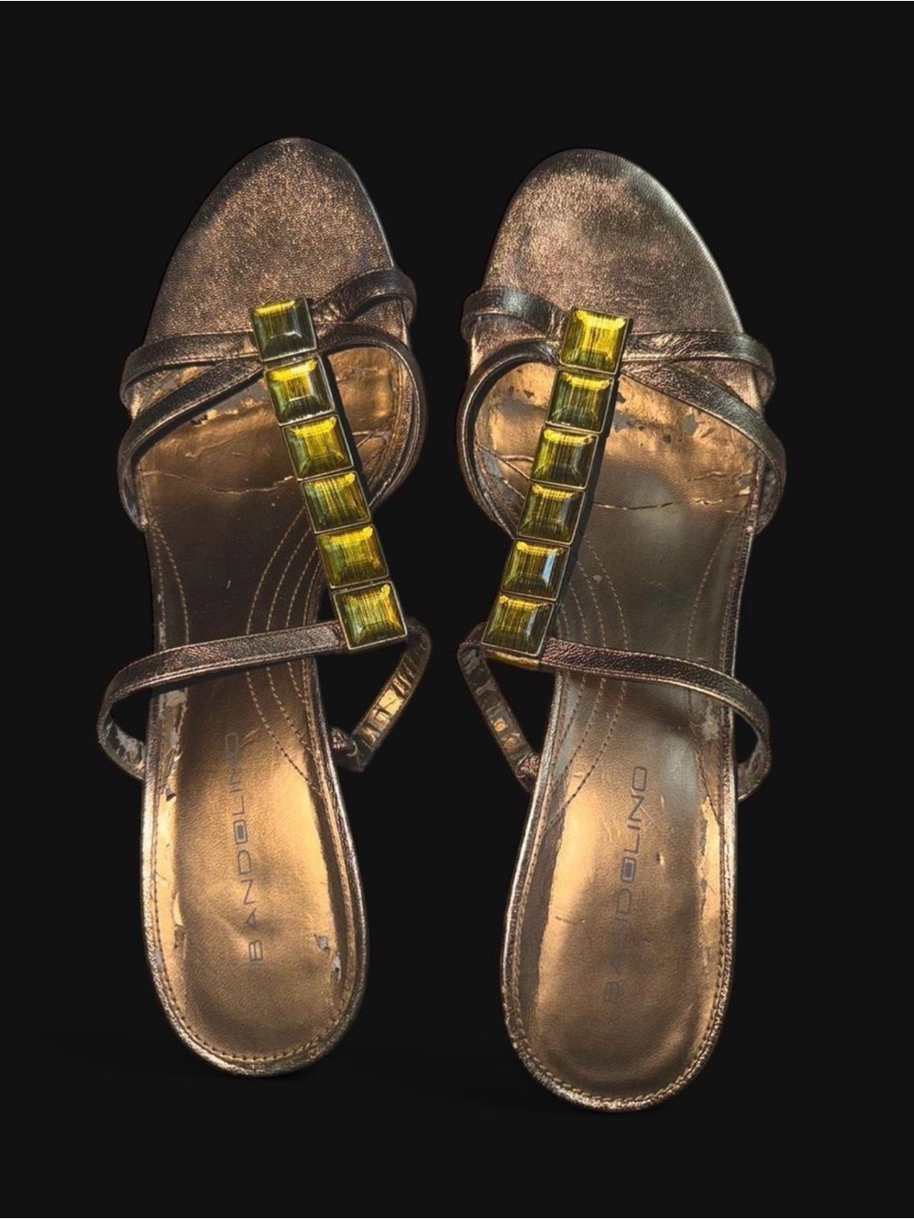 Bandolino Bronze Metallic Strappy Sandals with Yellow Gem Accents - Women